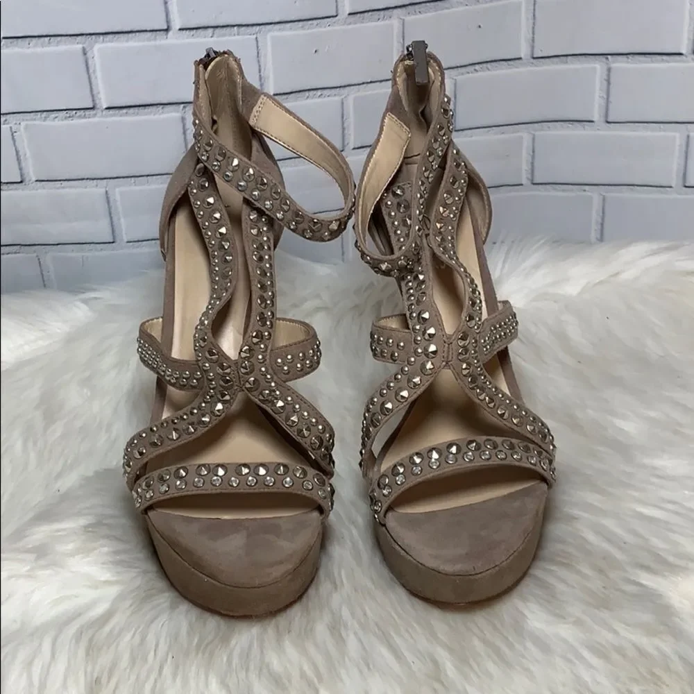 Bebe Tan Suede‎ Studded Platform Stilettos Size 9